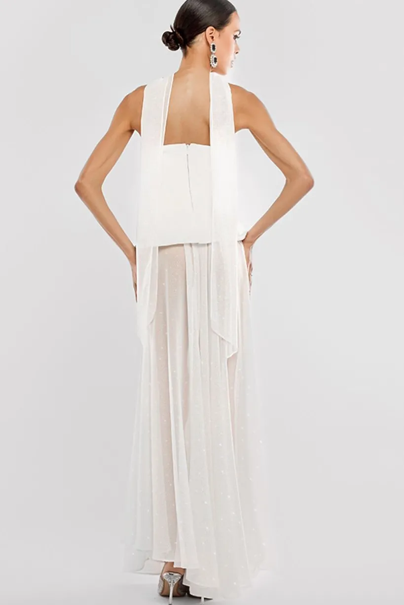 Scuba Boobtube Peplum Corset With Gathered A-Line Glitter Chiffon Maxi Skirt & Scarf - Cream by Goddiva