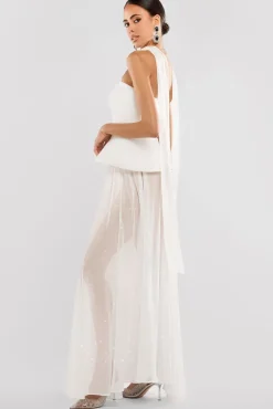 Scuba Boobtube Peplum Corset With Gathered A-Line Glitter Chiffon Maxi Skirt & Scarf - Cream by Goddiva