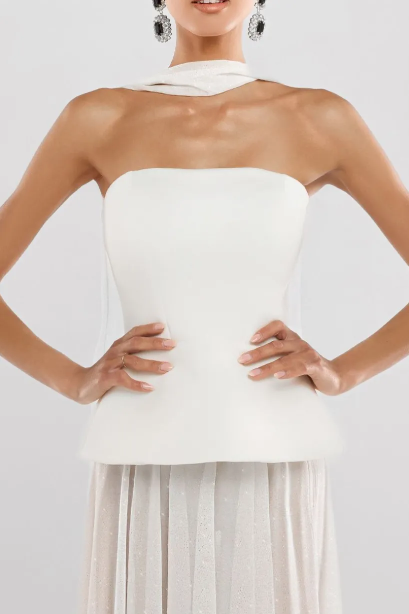 Scuba Boobtube Peplum Corset With Gathered A-Line Glitter Chiffon Maxi Skirt & Scarf - Cream by Goddiva