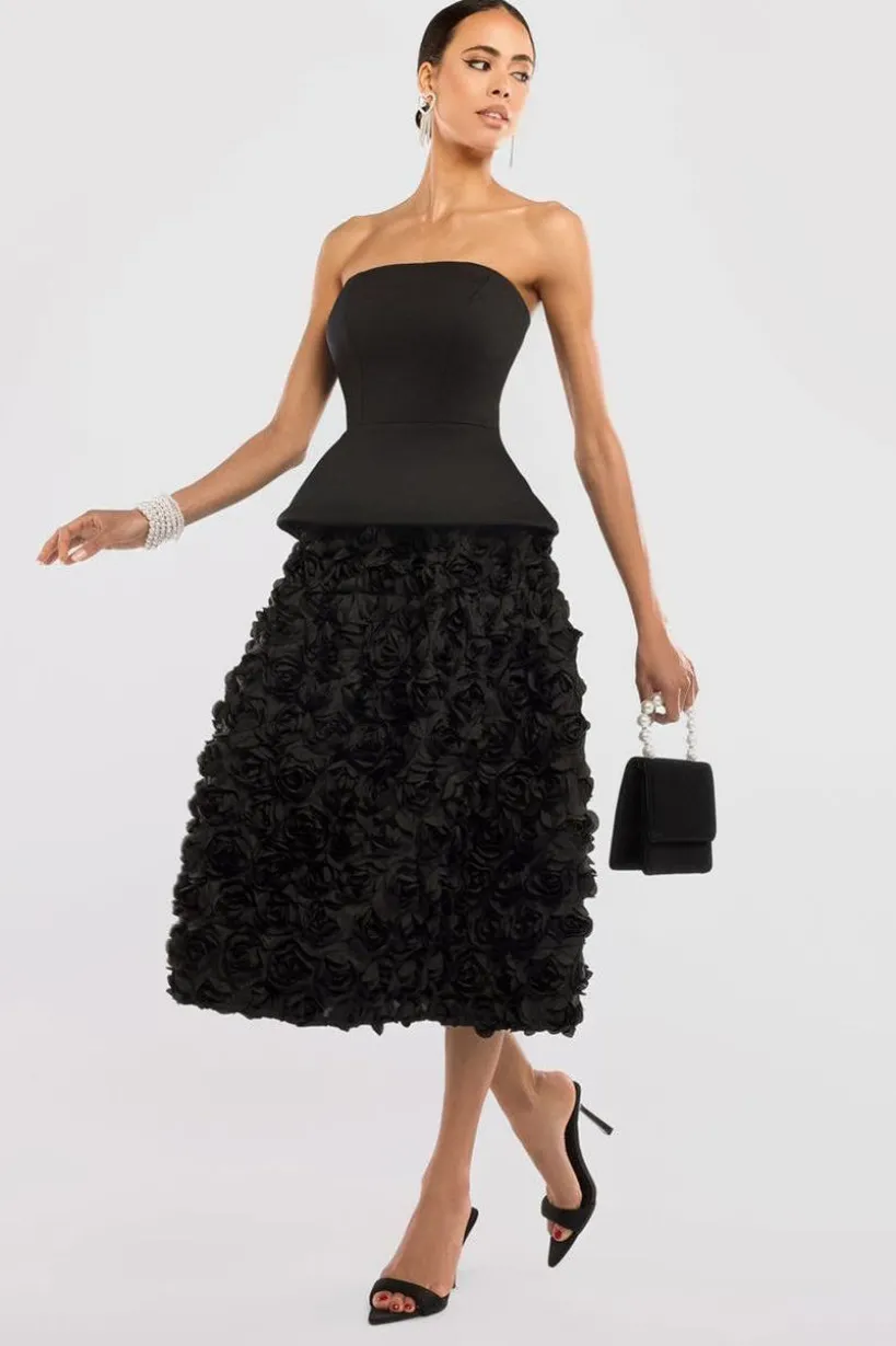 Scuba Boobtube Peplum Corset With 3D Floral Mesh Skirt - Black by Goddiva