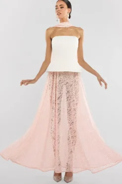 Scuba Boobtube Peplum Corset With Floral Lace A-Line Maxi Skirt With Scarf - Cream & Pink by Goddiva