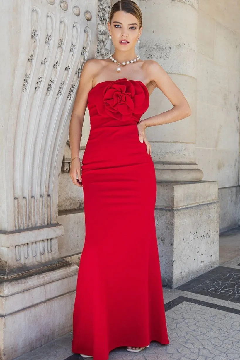 Scuba Crepe Bandeau Rose Maxi Dress - Red by Goddiva