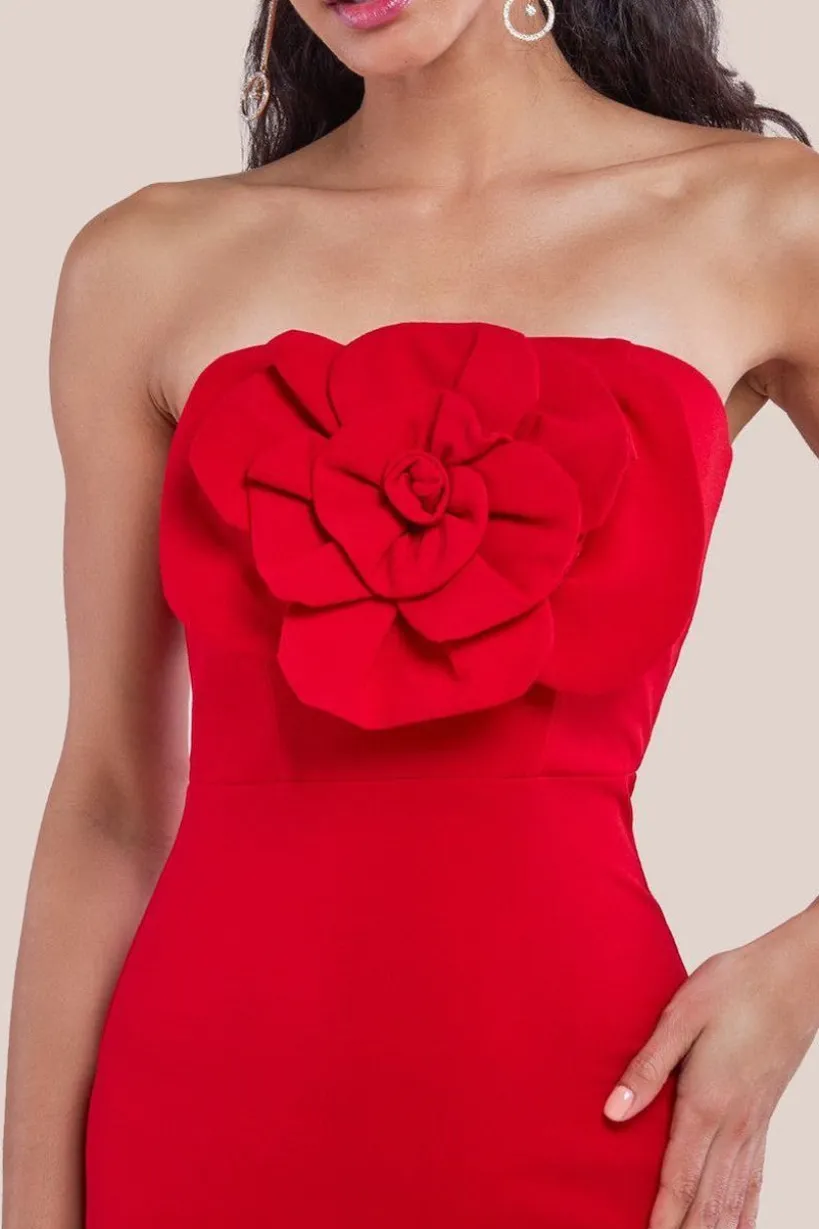 Scuba Crepe Bandeau Rose Maxi Dress - Red by Goddiva