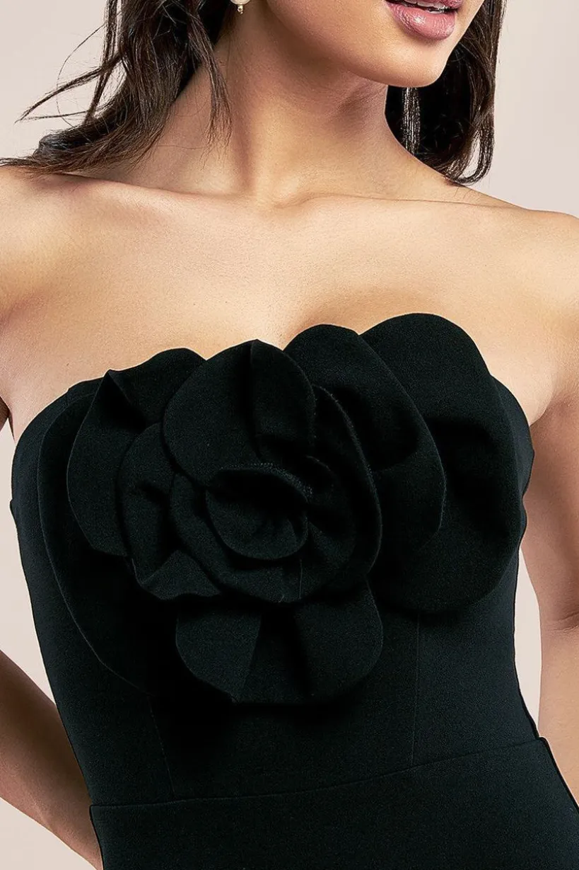 Scuba Crepe Bandeau Rose Maxi Dress - Black by Goddiva