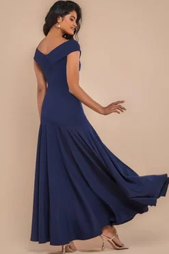 Scuba Crepe Off Shoulder Front Split Maxi Dress - Navy Blue by Goddiva