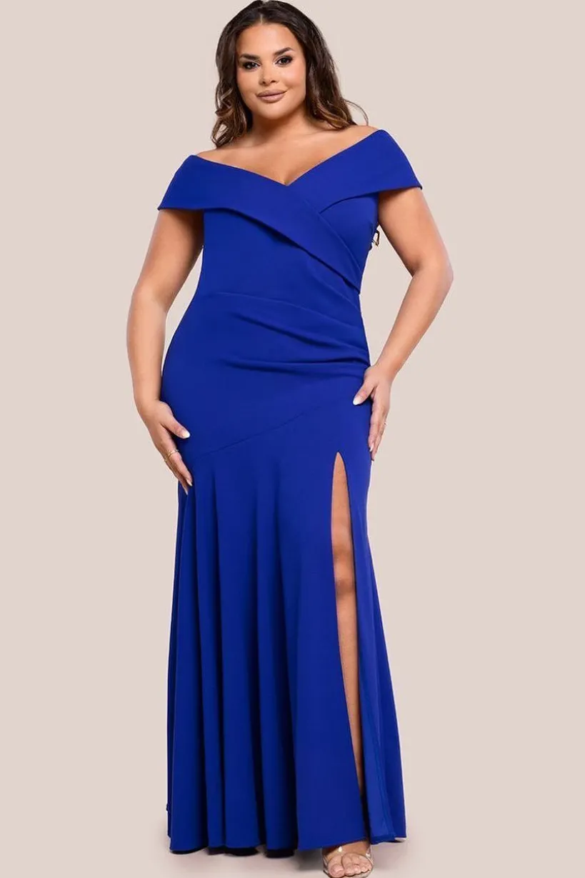 Scuba Crepe Off Shoulder Front Split Maxi Dress - Royal Blue by Goddiva Plus