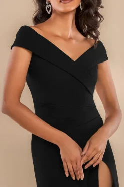Scuba Crepe Off Shoulder Front Split Maxi Dress - Black by Goddiva