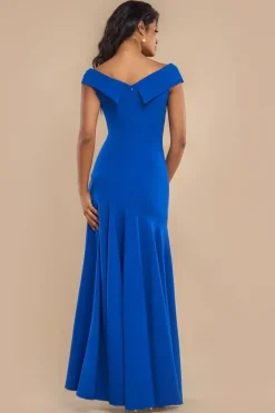 Scuba Crepe Off Shoulder Front Split Maxi Dress - Royal Blue by Goddiva