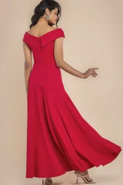 Scuba Crepe Off Shoulder Front Split Maxi Dress - Red by Goddiva
