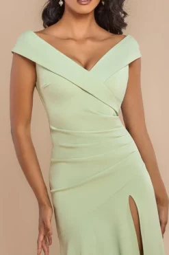 Scuba Crepe Off Shoulder Front Split Maxi Dress - Sage Green by Goddiva