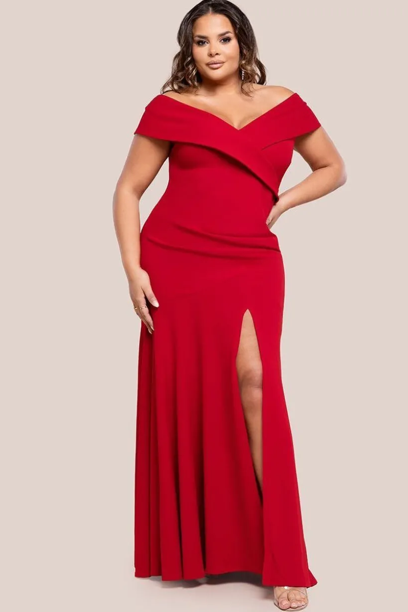 Scuba Crepe Off Shoulder Front Split Maxi Dress - Red by Goddiva Plus
