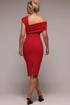 Scuba Crepe Pleated Drop Shoulder Midi Dress - Red by Goddiva