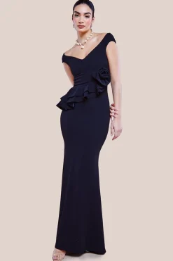 Scuba Crepe Rose Frill Maxi Dress - Black by Goddiva