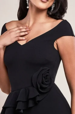 Scuba Crepe Rose Frill Midi Dress - Black by Goddiva