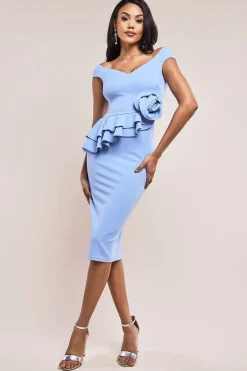 Scuba Crepe Rose Frill Midi Dress - Corn Flower by Goddiva