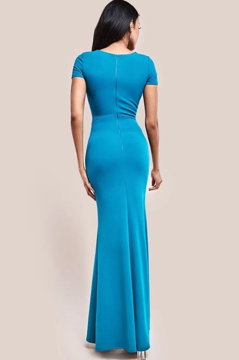 Scuba Crepe Twist Cutout Maxi Dress - Teal Blue by Goddiva