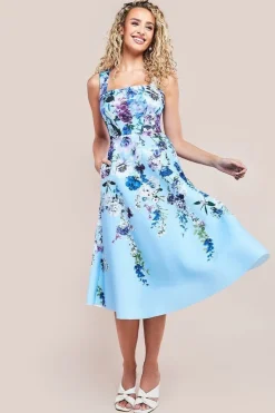 Scuba Foam Floral Midi Dress - Blue by Goddiva