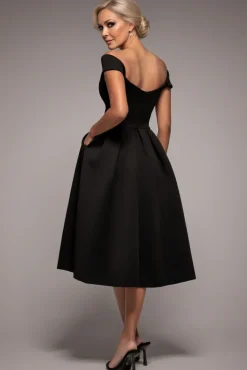 Scuba Foam Skater Midi Dress - Black by Goddiva