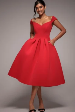 Scuba Foam Skater Midi Dress - Red by Goddiva