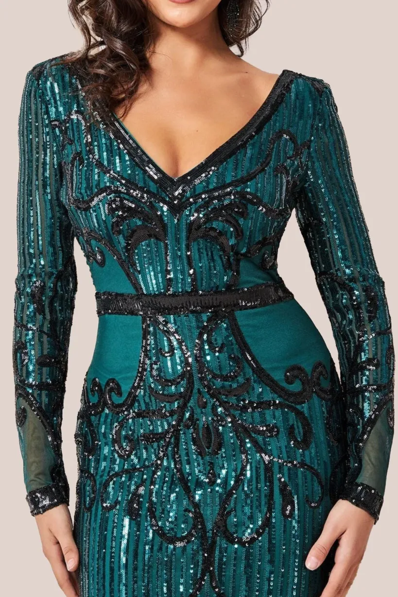 Sequin & Mesh Embroidered Maxi Dress - Emerald by Goddiva