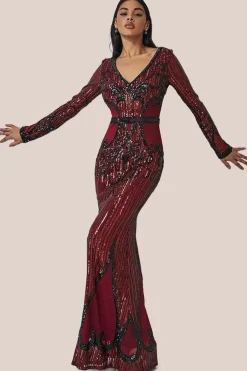 Sequin & Mesh Embroidered Maxi - Wine by Goddiva