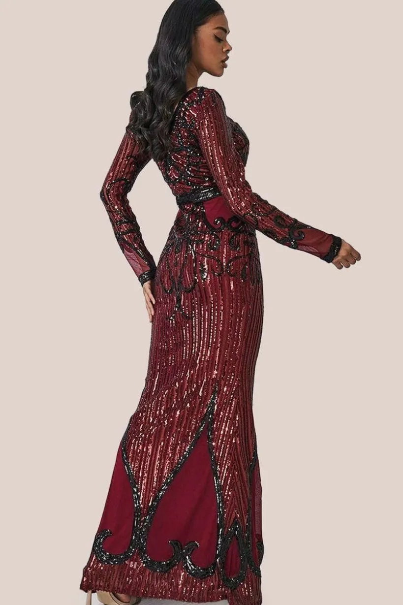 Sequin & Mesh Embroidered Maxi - Wine by Goddiva