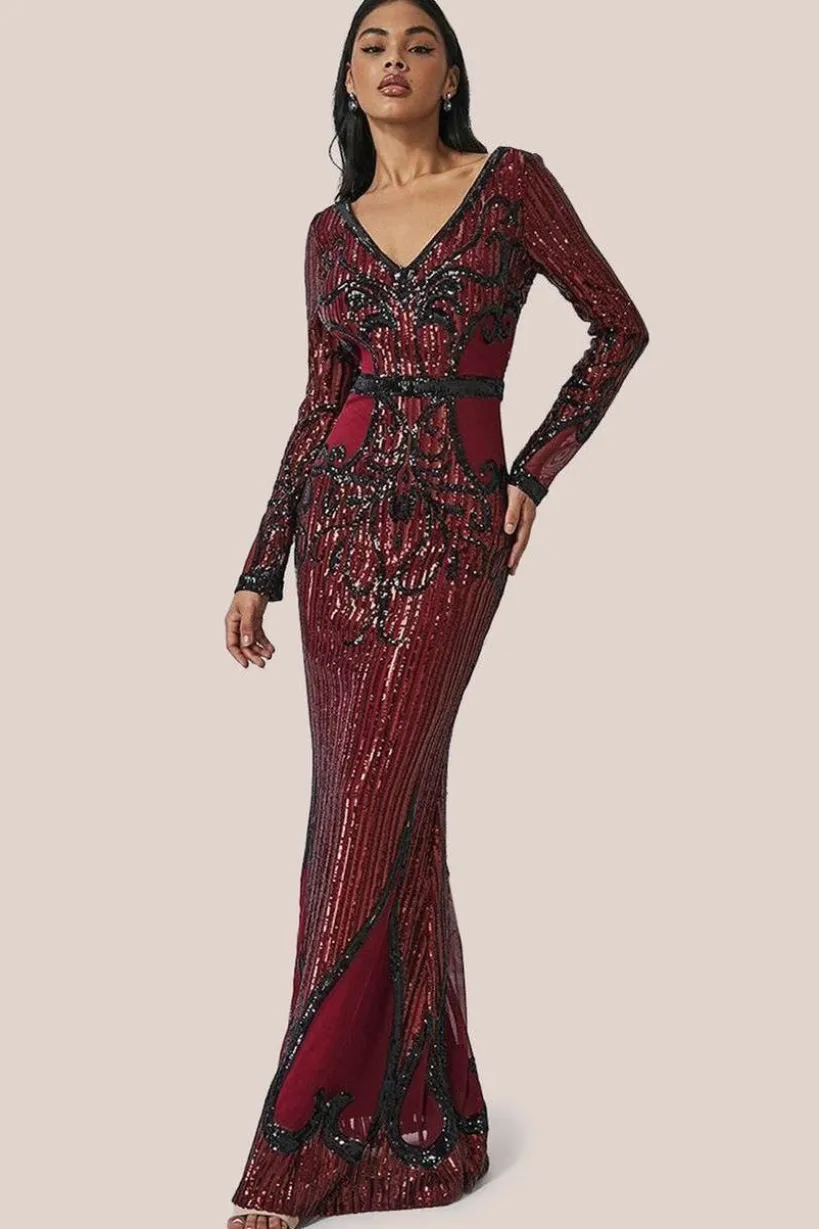 Sequin & Mesh Embroidered Maxi - Wine by Goddiva