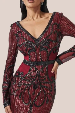 Sequin & Mesh Embroidered Maxi - Wine by Goddiva
