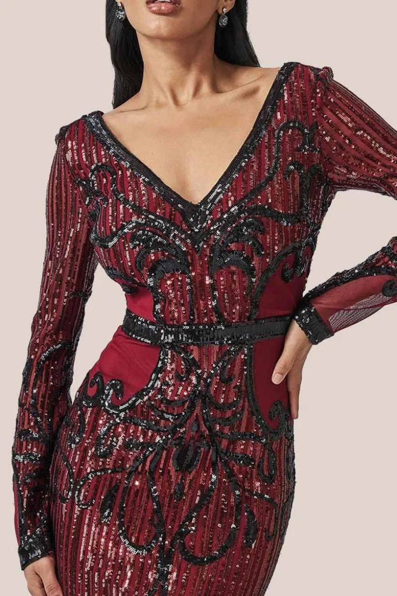 Sequin & Mesh Embroidered Maxi - Wine by Goddiva
