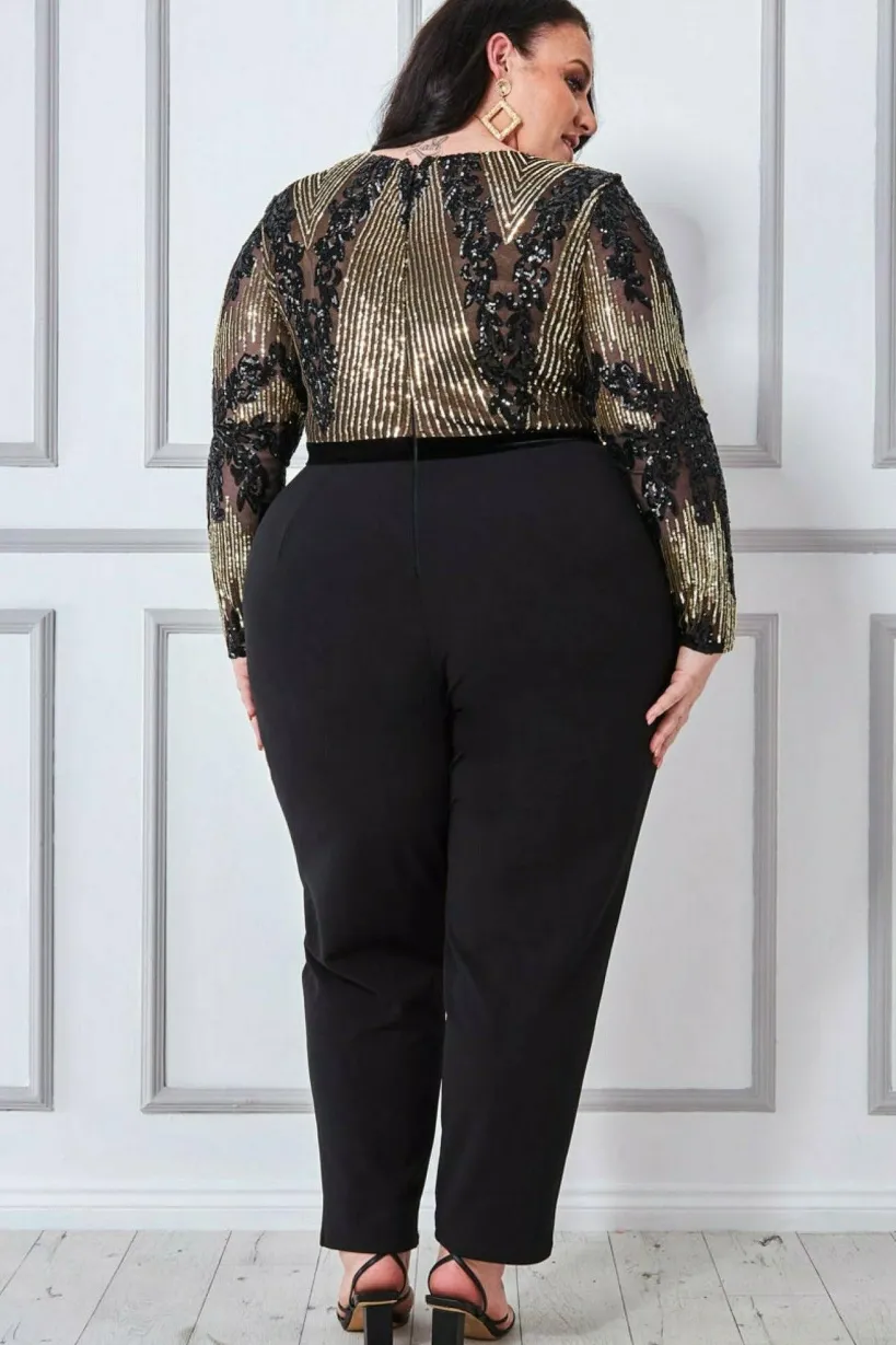 Sequin & Mesh Jumpsuit - Black by Goddiva Plus
