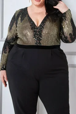 Sequin & Mesh Jumpsuit - Black by Goddiva Plus