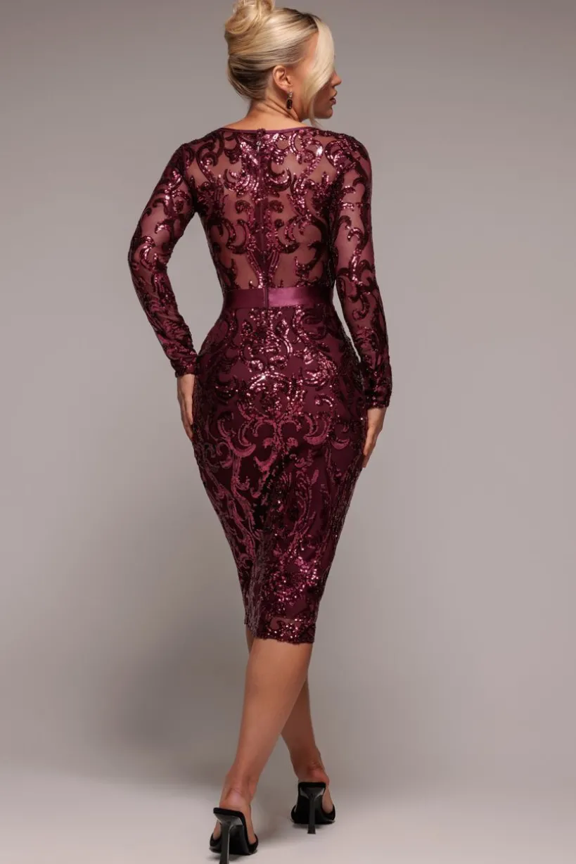 Sequin & Mesh Midi Dress - Burgundy by Goddiva
