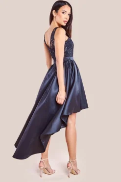 Sequin & Satin Dipped Hem Midi Dress - Black by Goddiva