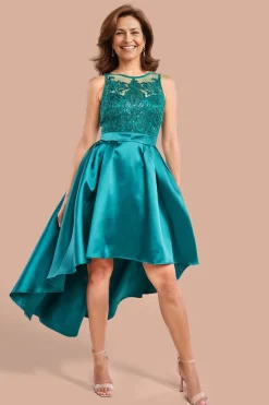 Sequin & Satin Dipped Hem Midi Dress - Emerald Green by Goddiva