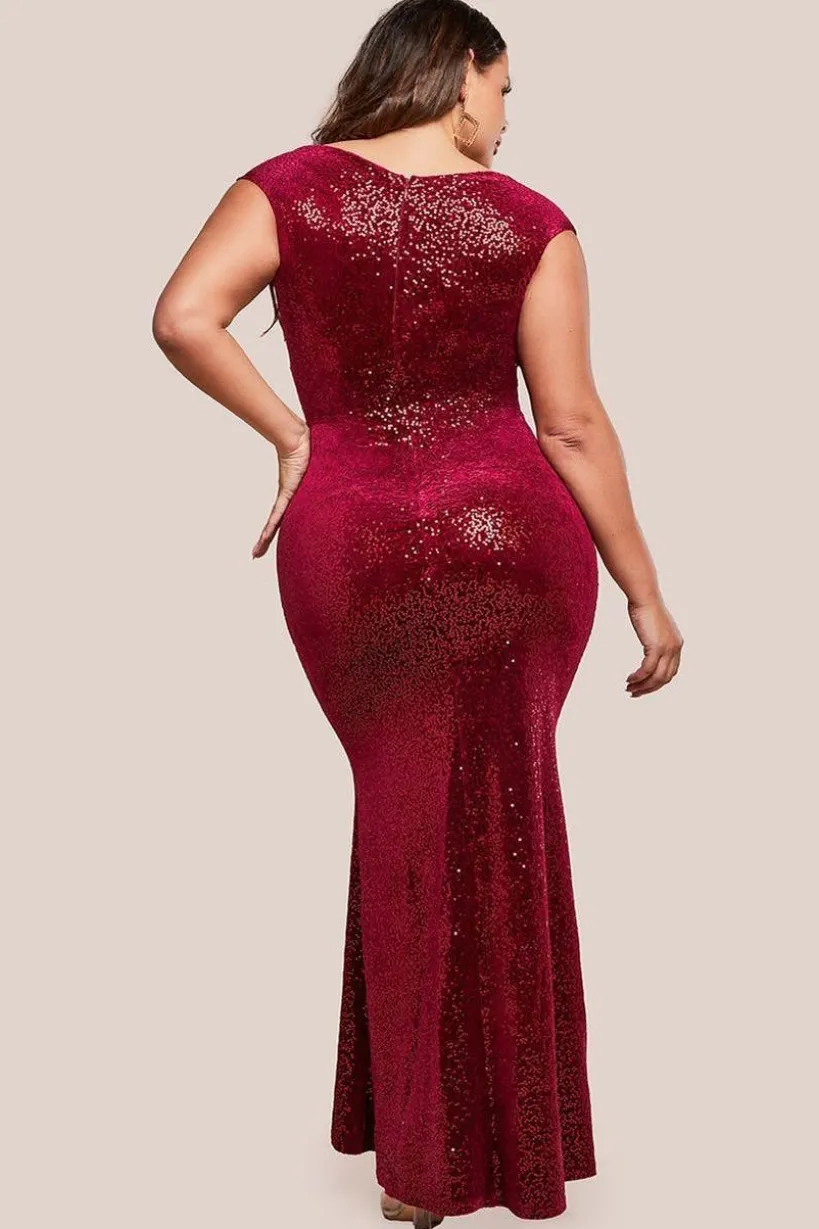 Sequin & Velvet Bardot Maxi Dress - Wine by Goddiva Plus