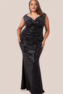 Sequin & Velvet Bardot Maxi Dress - Black by Goddiva Plus