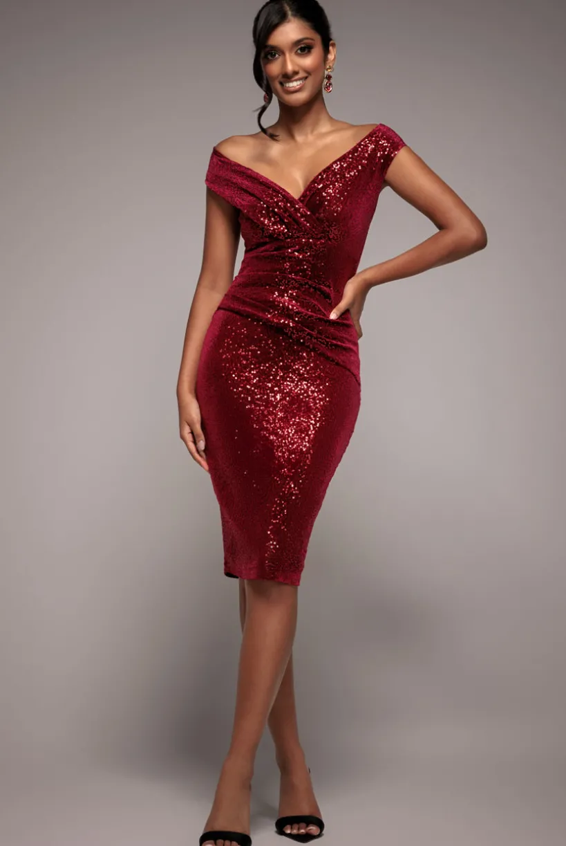 Sequin & Velvet Bardot Midi Dress - Wine by Goddiva