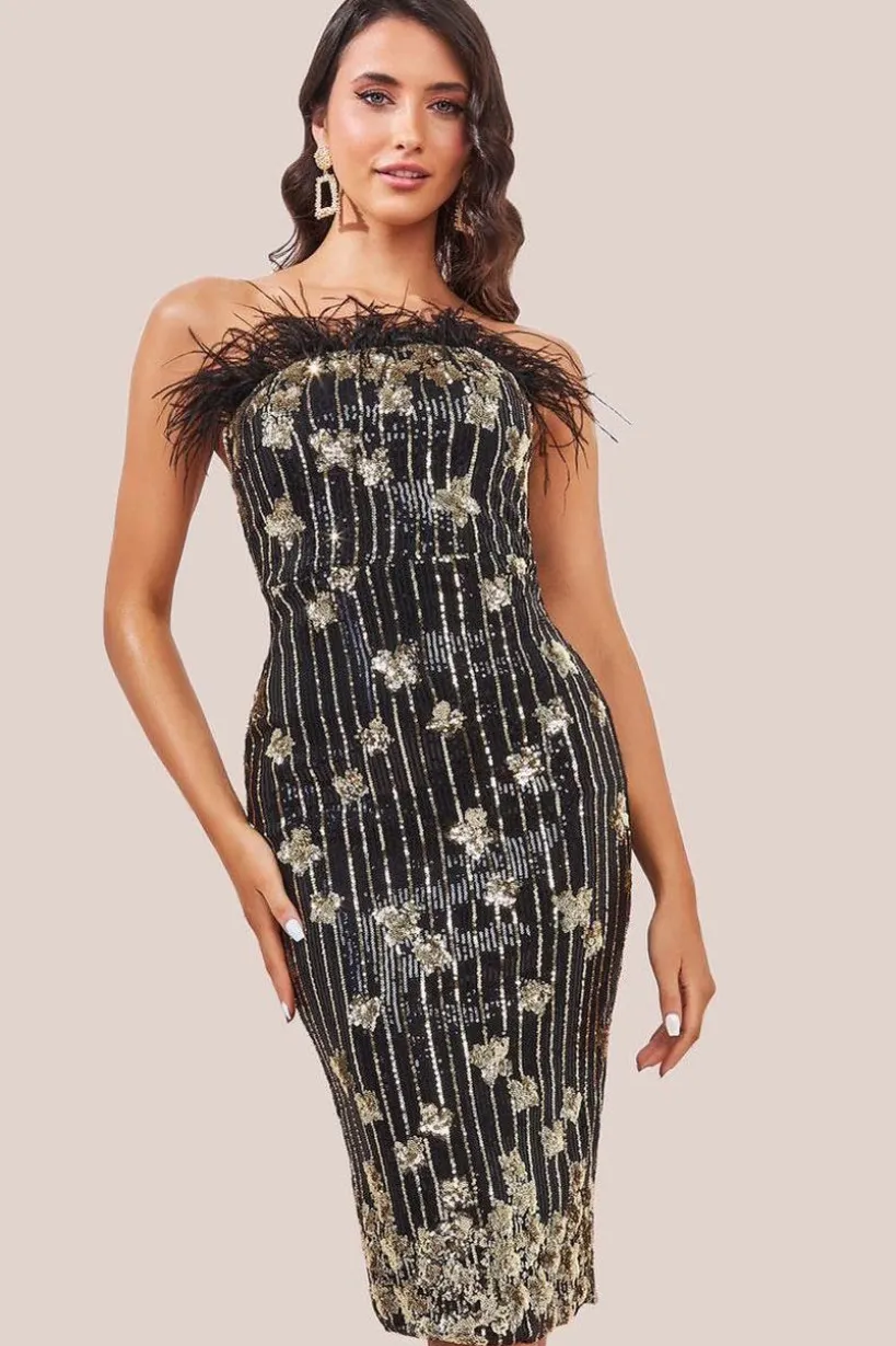 Sequin And Feather Boobtube Midi - Black by Goddiva