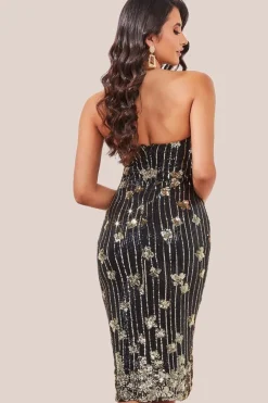 Sequin And Feather Boobtube Midi - Black by Goddiva