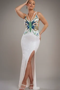 Sequin Butterfly Front Split Maxi Dress - White by Goddiva