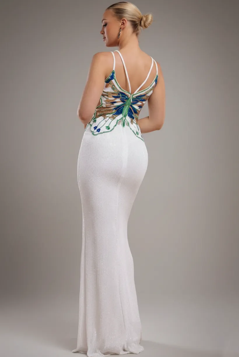Sequin Butterfly Front Split Maxi Dress - White by Goddiva
