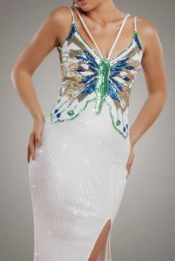 Sequin Butterfly Front Split Maxi Dress - White by Goddiva