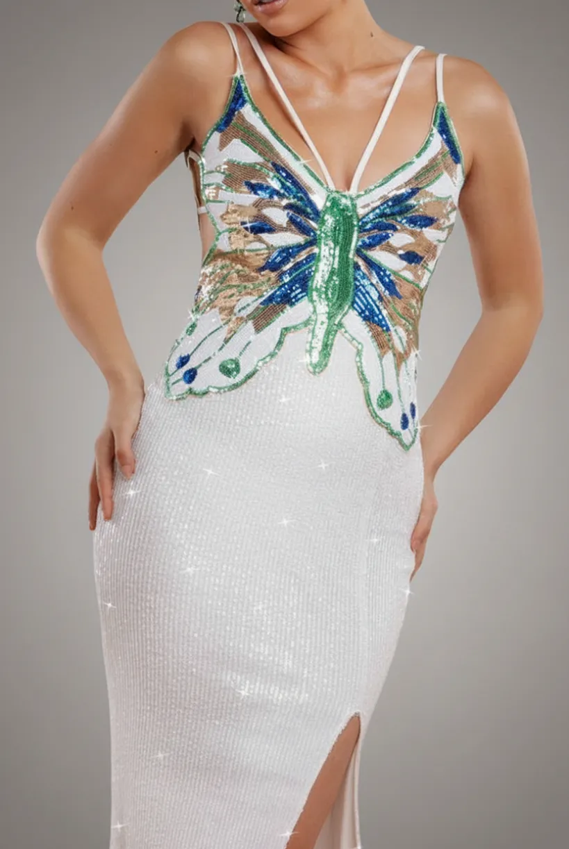 Sequin Butterfly Front Split Maxi Dress - White by Goddiva