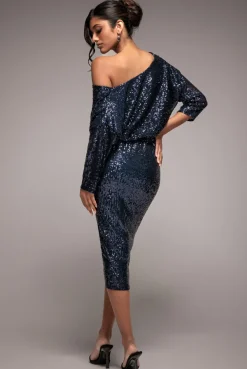Sequin Cowl Neck Midi Dress - Navy by Goddiva