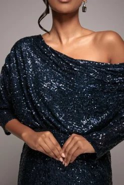 Sequin Cowl Neck Midi Dress - Navy by Goddiva