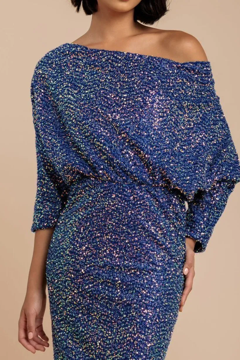 Sequin Cowl Neck Midi Dress - Royal Blue by Goddiva