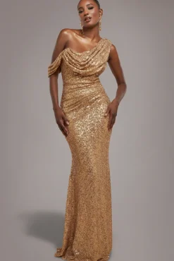 Sequin Cowl One Shoulder Maxi Dress - Gold by Goddiva
