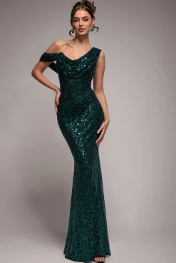 Sequin Cowl One Shoulder Maxi Dress - Emerald Green by Goddiva