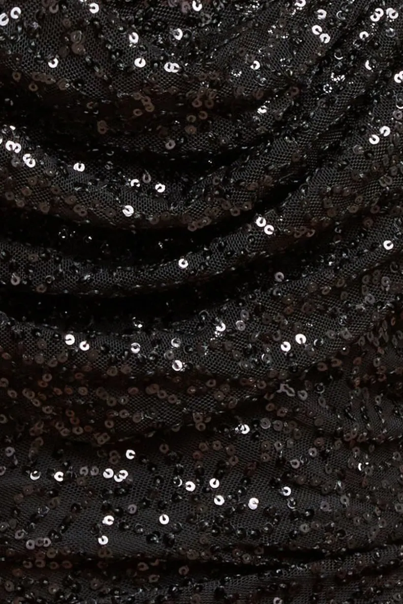 Sequin Cowl One Shoulder Maxi Dress - Black by Goddiva
