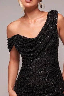 Sequin Cowl One Shoulder Midi Dress - Black by Goddiva